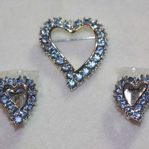 SC Blue Glass Rhinestone Heart  Pin Brooch & Clip